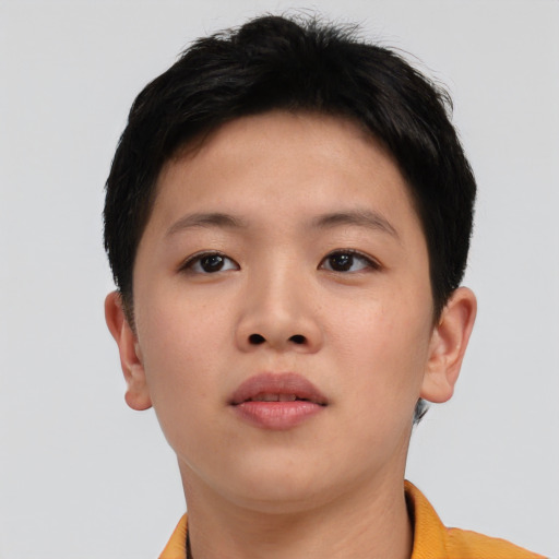 Neutral asian young-adult female with short  brown hair and brown eyes