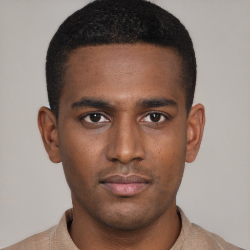 Neutral black young-adult male with short  black hair and brown eyes