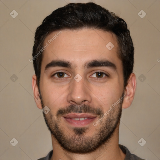 Joyful white young-adult male with short  black hair and brown eyes