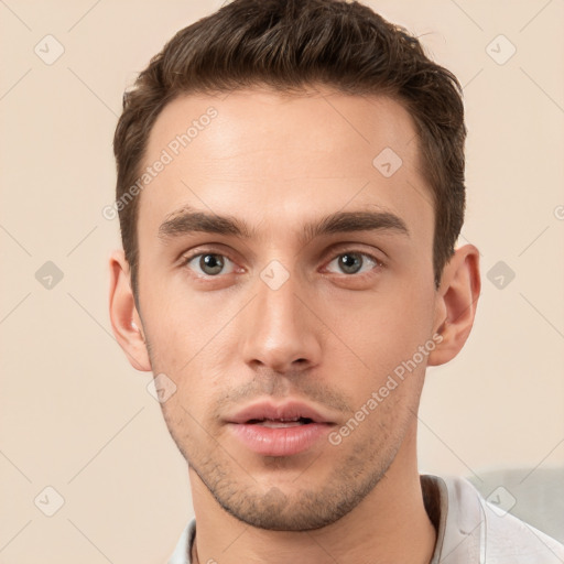 Neutral white young-adult male with short  brown hair and brown eyes