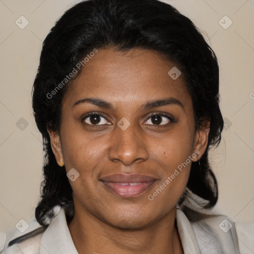 Joyful latino young-adult female with medium  brown hair and brown eyes