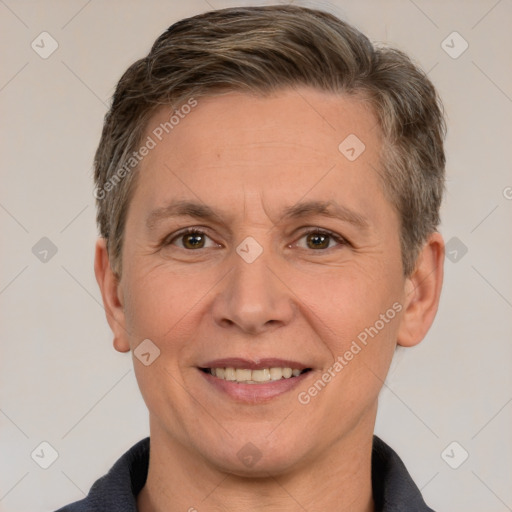 Joyful white adult male with short  brown hair and grey eyes