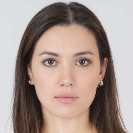 Neutral asian young-adult female with long  brown hair and brown eyes