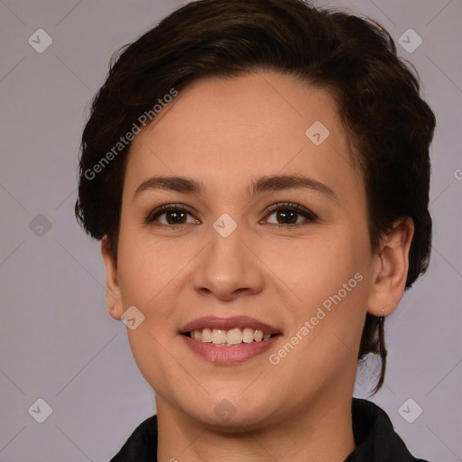 Joyful white young-adult female with short  brown hair and brown eyes