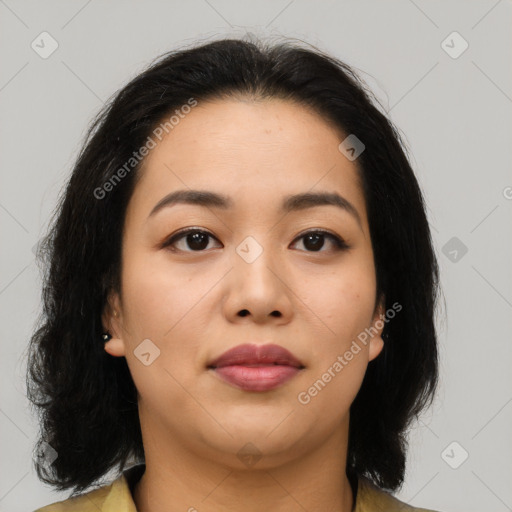 Neutral asian young-adult female with medium  brown hair and brown eyes