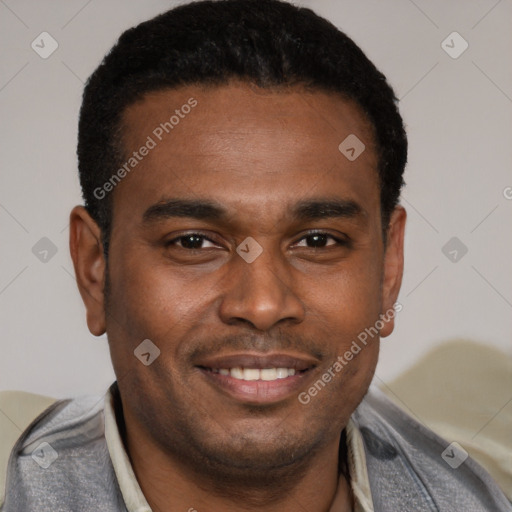 Joyful latino young-adult male with short  brown hair and brown eyes