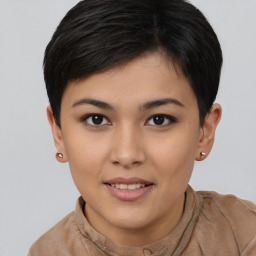 Joyful asian young-adult female with short  brown hair and brown eyes