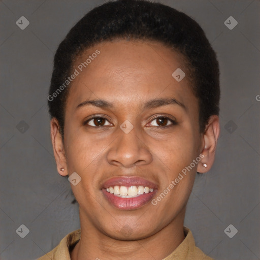 Joyful latino young-adult female with short  brown hair and brown eyes