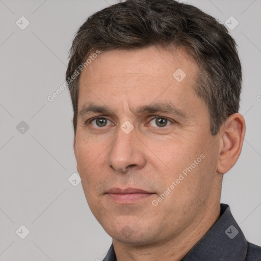 Neutral white adult male with short  brown hair and brown eyes