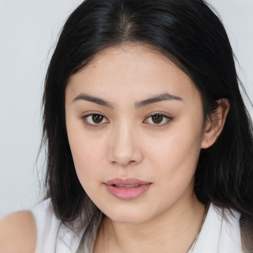 Neutral asian young-adult female with long  brown hair and brown eyes