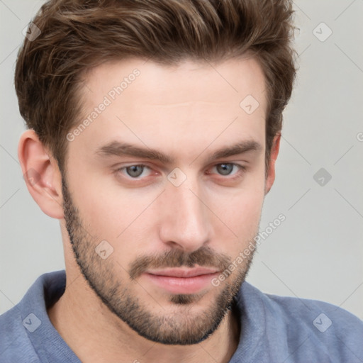 Neutral white young-adult male with short  brown hair and grey eyes