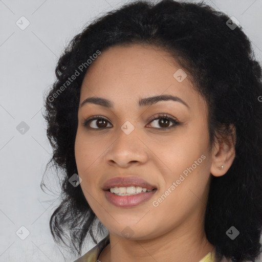 Joyful latino young-adult female with long  brown hair and brown eyes