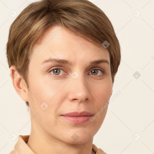 Neutral white young-adult female with short  brown hair and grey eyes