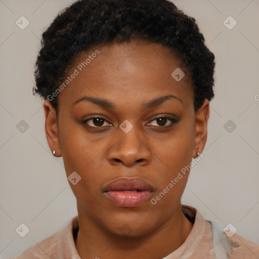 Neutral black young-adult female with short  brown hair and brown eyes