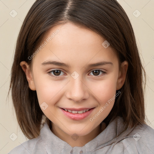 Joyful white child female with medium  brown hair and brown eyes