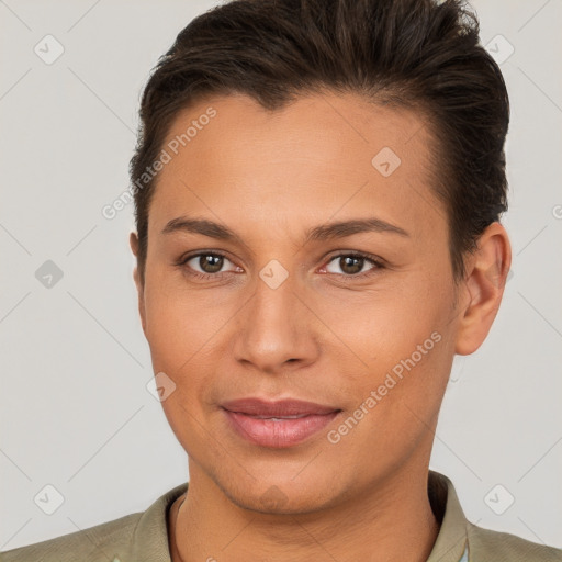 Joyful white young-adult female with short  brown hair and brown eyes