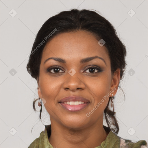 Joyful black young-adult female with medium  brown hair and brown eyes