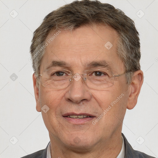 Joyful white middle-aged male with short  brown hair and brown eyes