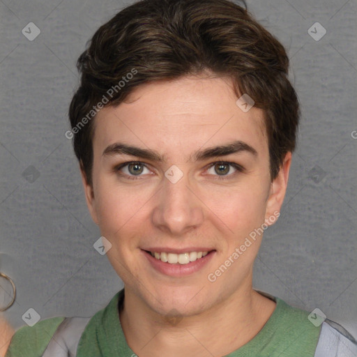 Joyful white young-adult female with short  brown hair and grey eyes