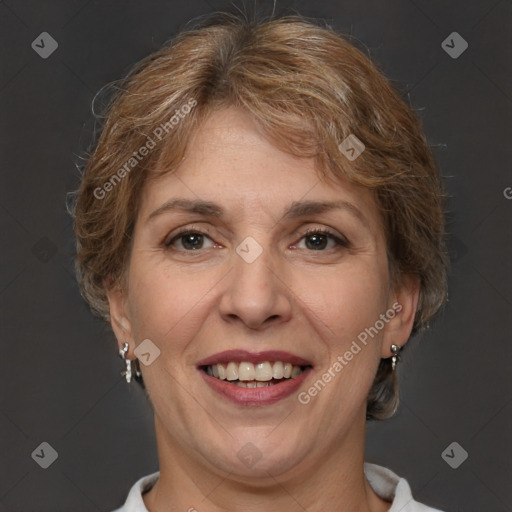 Joyful white adult female with short  brown hair and brown eyes