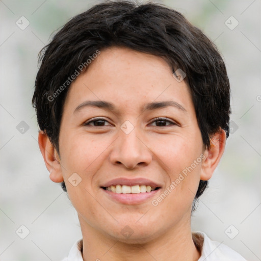 Joyful white adult female with short  brown hair and brown eyes