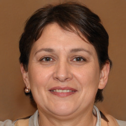 Joyful white adult female with medium  brown hair and brown eyes