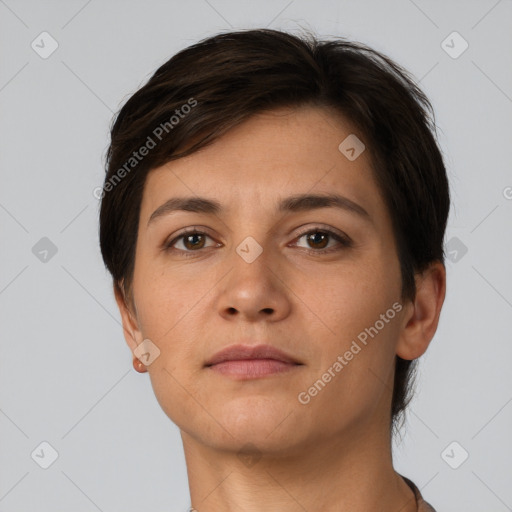 Neutral white young-adult female with short  brown hair and brown eyes