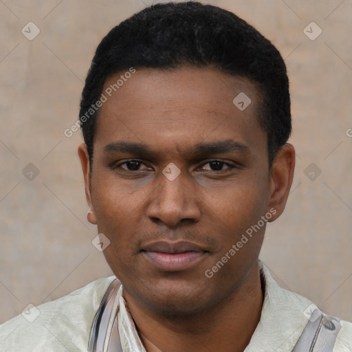 Neutral black young-adult male with short  black hair and brown eyes