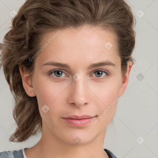 Neutral white young-adult female with medium  brown hair and grey eyes