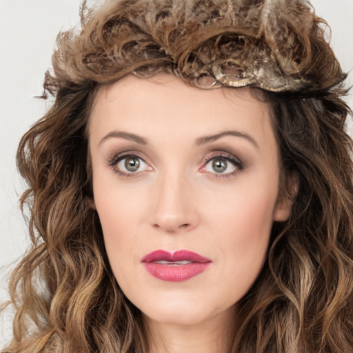 Joyful white young-adult female with long  brown hair and green eyes