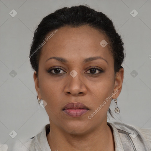 Neutral black young-adult female with short  black hair and brown eyes