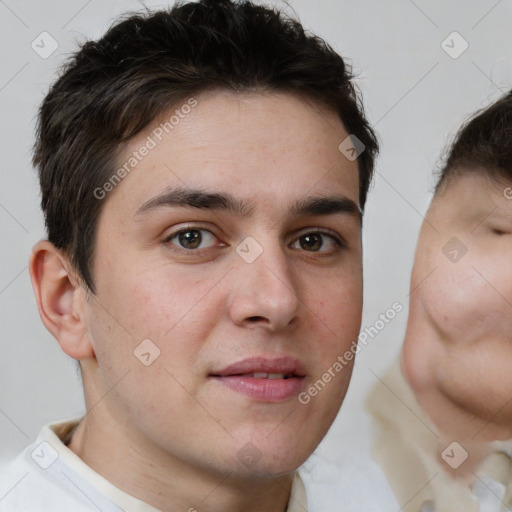 Neutral white young-adult male with short  brown hair and brown eyes