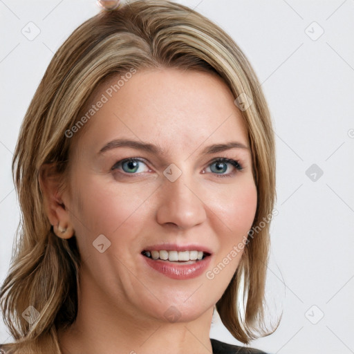 Joyful white young-adult female with medium  brown hair and blue eyes