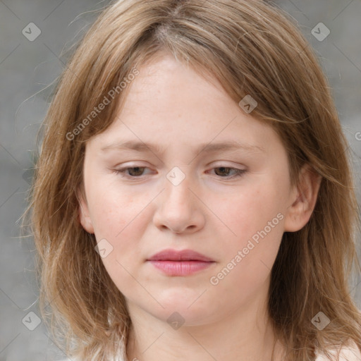 Neutral white young-adult female with medium  brown hair and grey eyes