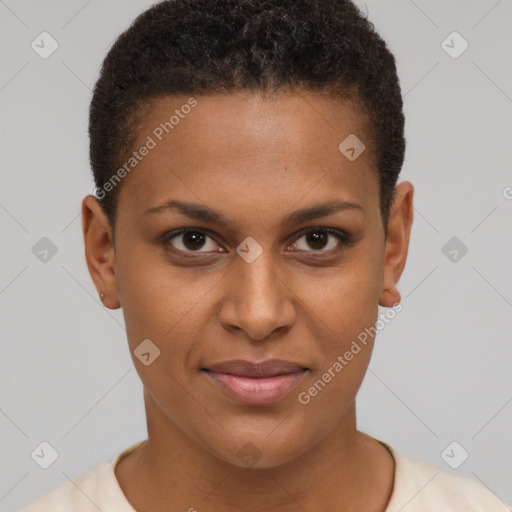 Joyful black young-adult female with short  brown hair and brown eyes