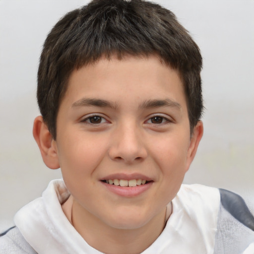 Joyful white child female with short  brown hair and brown eyes