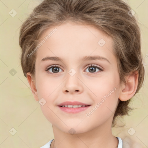 Joyful white child female with medium  brown hair and brown eyes