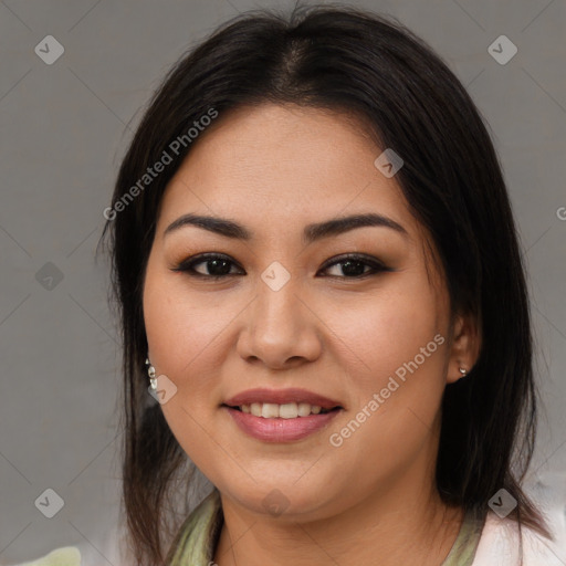 Joyful asian young-adult female with medium  brown hair and brown eyes