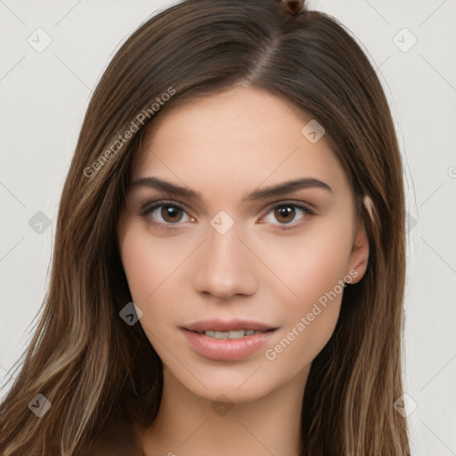 Neutral white young-adult female with long  brown hair and brown eyes