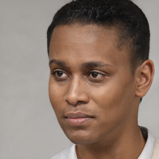 Neutral black young-adult male with short  black hair and brown eyes