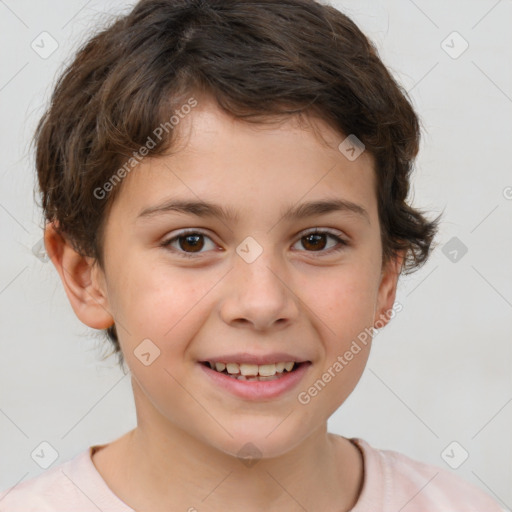 Joyful white child female with short  brown hair and brown eyes