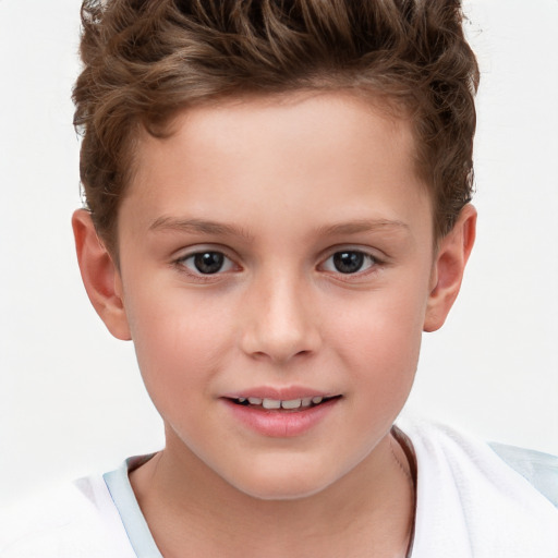 Joyful white child female with short  brown hair and brown eyes