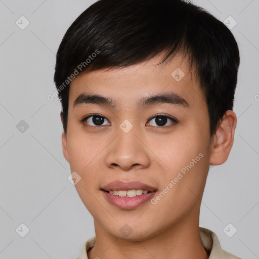 Joyful asian young-adult male with short  brown hair and brown eyes