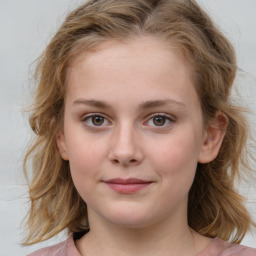 Joyful white child female with medium  brown hair and blue eyes