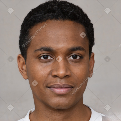 Neutral black young-adult male with short  black hair and brown eyes