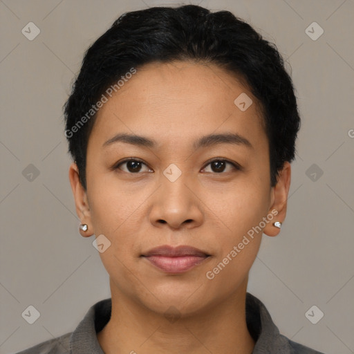 Neutral latino young-adult female with short  black hair and brown eyes