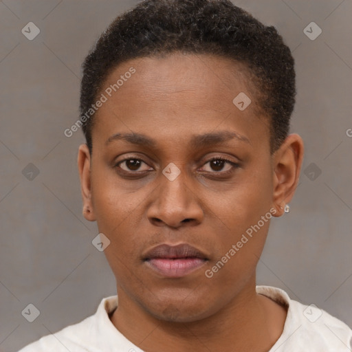 Neutral black young-adult female with short  brown hair and brown eyes