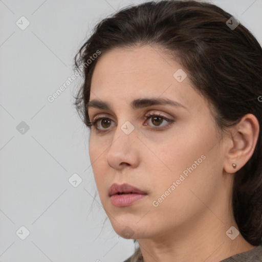 Neutral white young-adult female with medium  brown hair and brown eyes