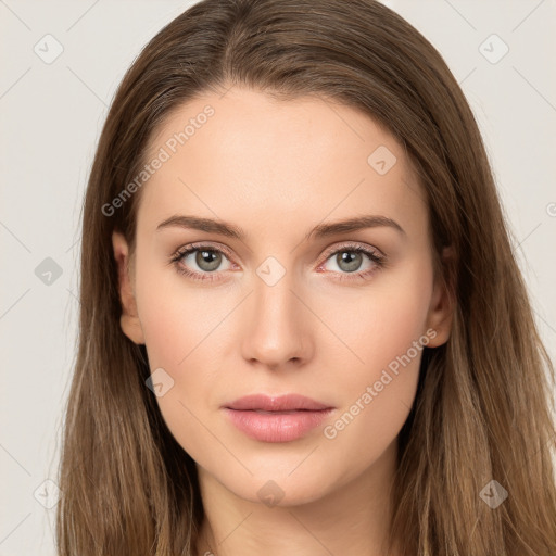 Neutral white young-adult female with long  brown hair and grey eyes