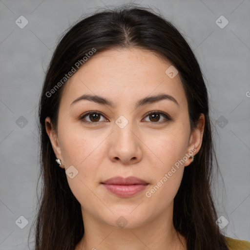 Joyful white young-adult female with long  brown hair and brown eyes